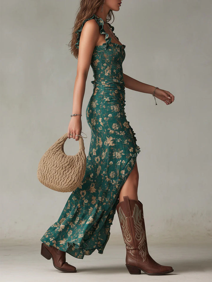 Boho Zielona Sukienka Maxi z Falbaniastymi Rękawami