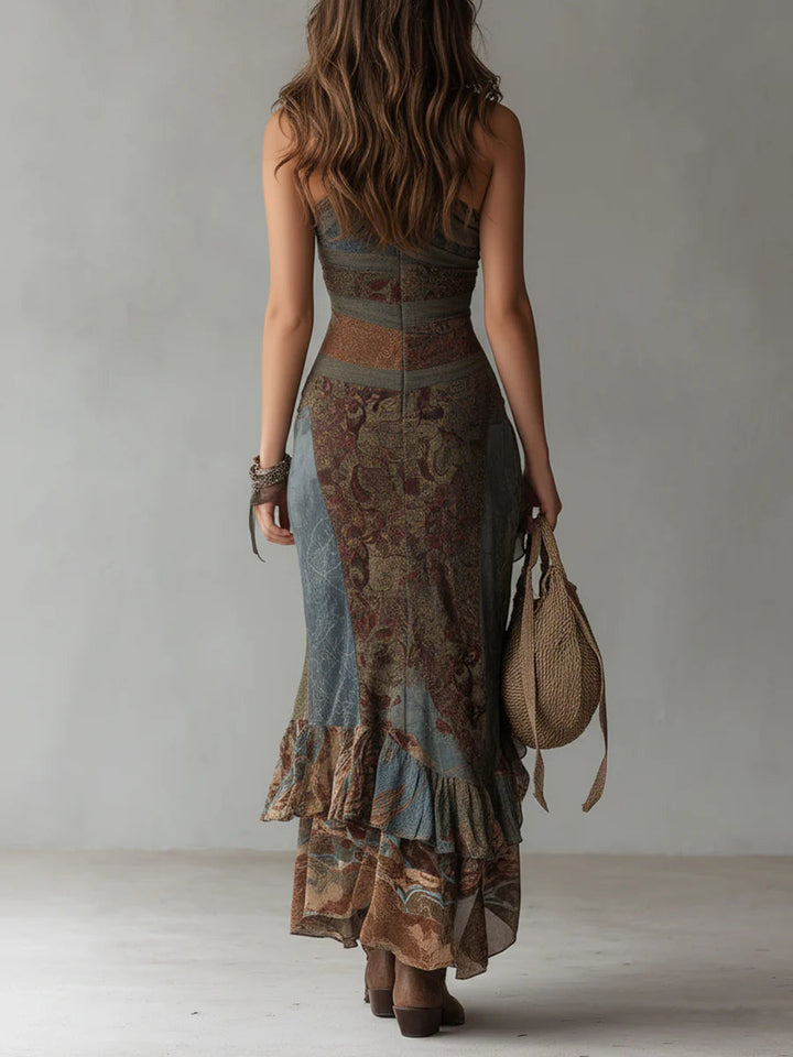 Sukienka maxi w stylu etnicznym z nadrukiem, na jedno ramię, z wysokim rozcięciem