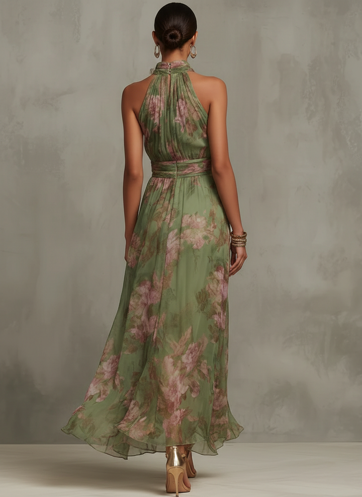Zielona Kwiatowa Sukienka Maxi z Chiffonu na Ramiączkach