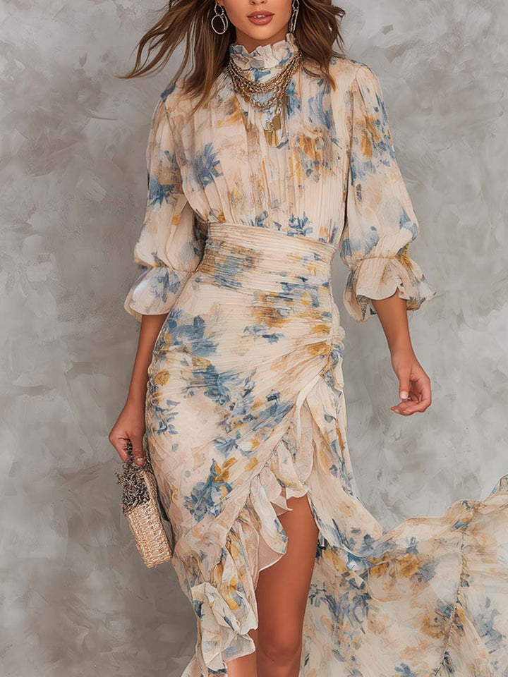 Beżowa Sukienka Maxi z Kołnierzem w Stylu Vintage z Kwiatowym Wzorem i Chiffonem