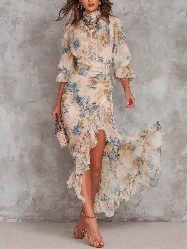 Beżowa Sukienka Maxi z Kołnierzem w Stylu Vintage z Kwiatowym Wzorem i Chiffonem