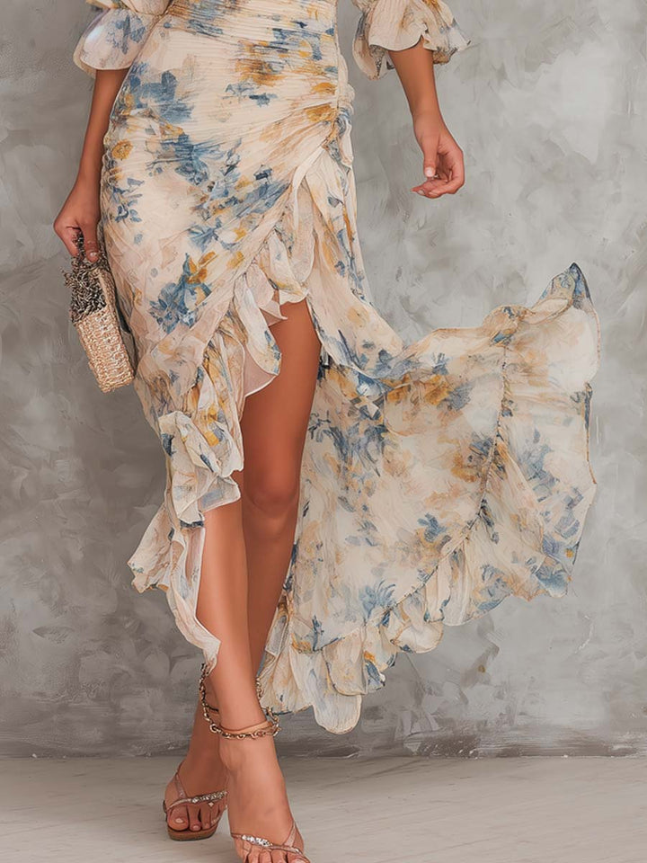 Beżowa Sukienka Maxi z Kołnierzem w Stylu Vintage z Kwiatowym Wzorem i Chiffonem