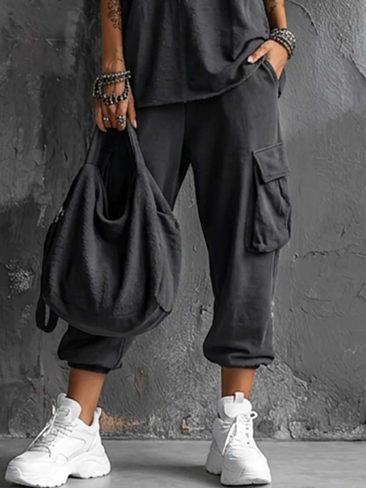Czarna Szara Kamizelka i Spodnie Cargo Jogger w Stylu Casual