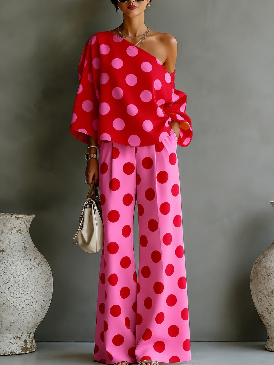 Retro Różowa Bluzka z Polka Dots i Szerokie Spodnie - Zestaw Dwuczęściowy