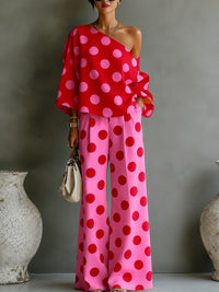 Retro Różowa Bluzka z Polka Dots i Szerokie Spodnie - Zestaw Dwuczęściowy