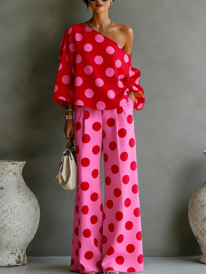 Retro Różowa Bluzka z Polka Dots i Szerokie Spodnie - Zestaw Dwuczęściowy