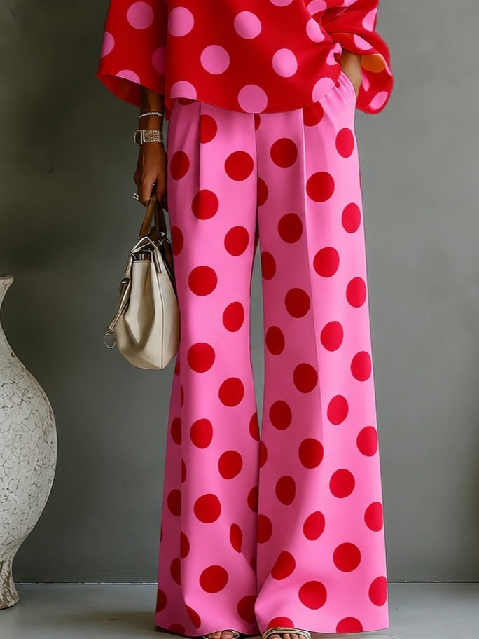 Retro Różowa Bluzka Off-shoulder w Groszki i Szerokie Spodnie Z Dwiema Częściami