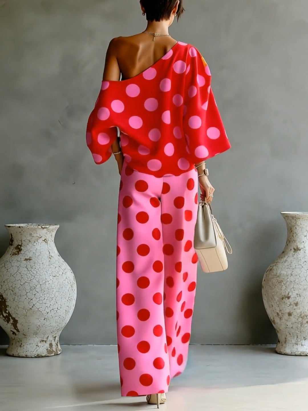 Retro Różowa Bluzka z Polka Dots i Szerokie Spodnie - Zestaw Dwuczęściowy
