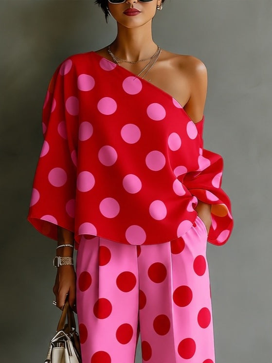 Retro Różowa Bluzka z Polka Dots i Szerokie Spodnie - Zestaw Dwuczęściowy