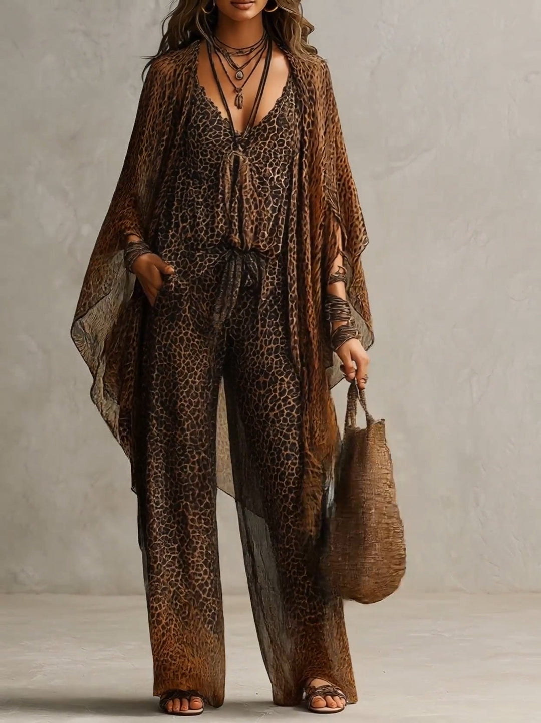 Boho Gradientowy Print Lamparta - Zestaw Trzech Części