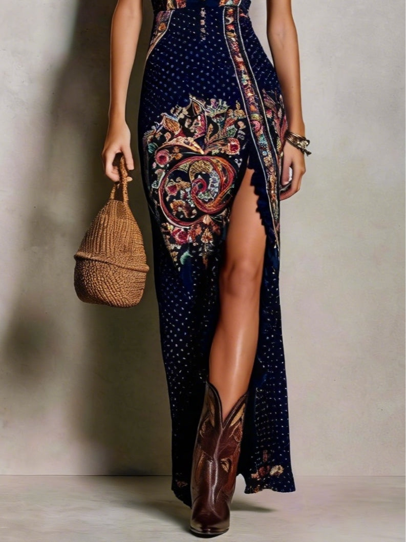 Navy Bohemian Printed Dress with Deep V-Neck and High Slit